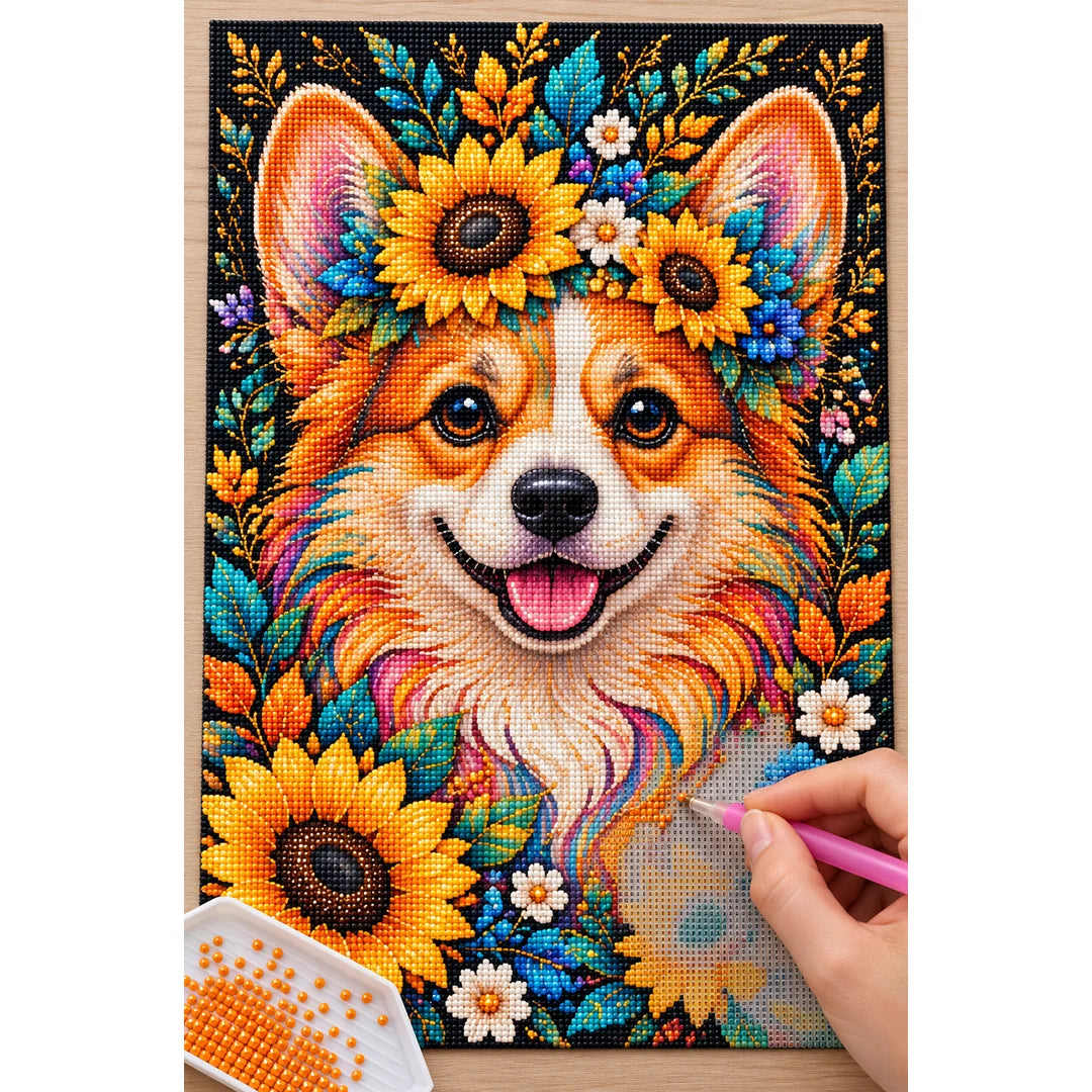 Sunflower Floral Corgi Diamond Painting Kit — Diamond painting process