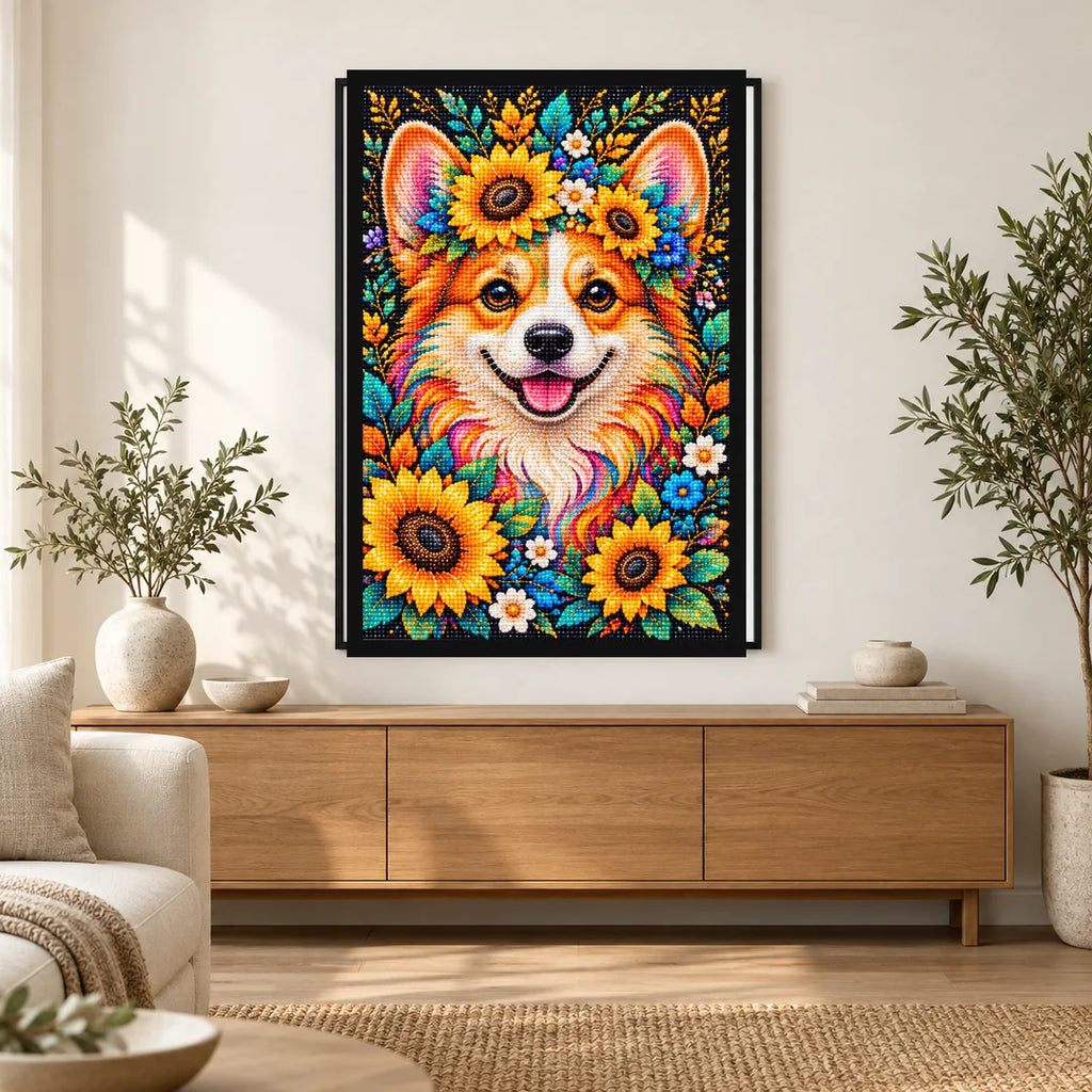Sunflower Floral Corgi Diamond Painting Kit — Home decor scene