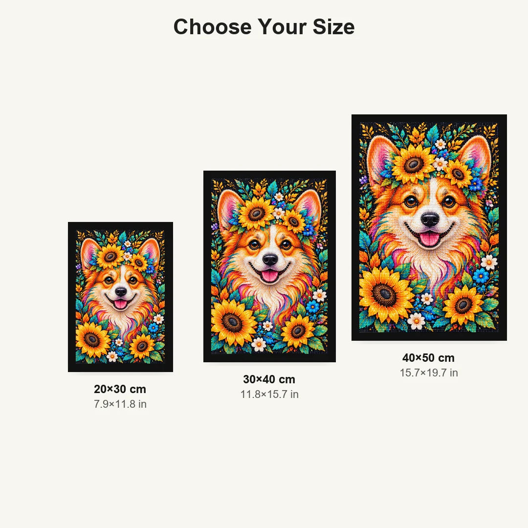 Sunflower Floral Corgi Diamond Painting Kit — Size guide