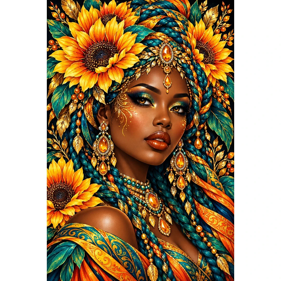 Sunflower Goddess finished diamond painting on white background