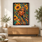Sunflower Goddess finished diamond painting in a home interior