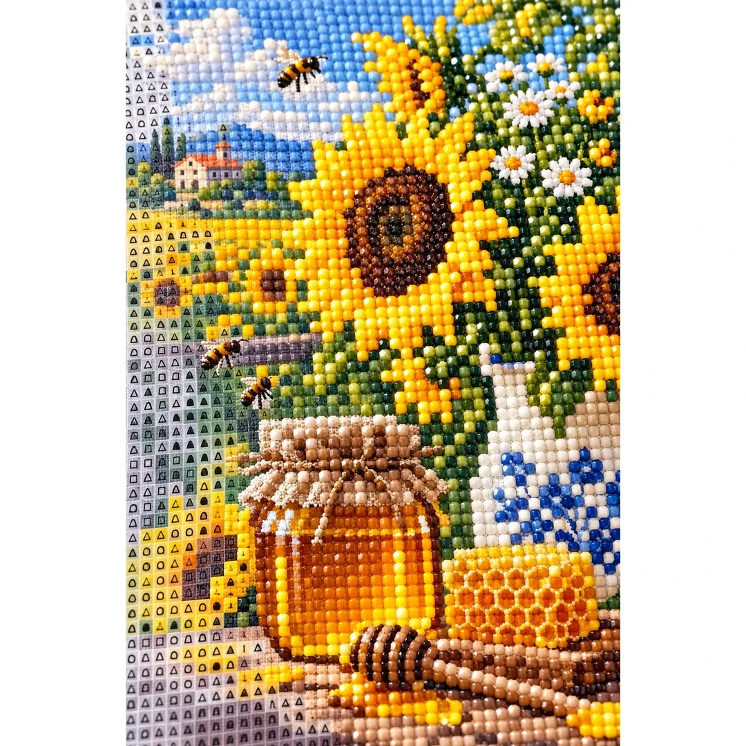 Sunflower Honey Jar Diamond Painting Kit diamond and canvas detail