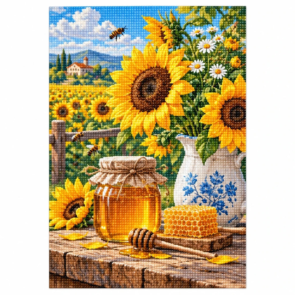 Sunflower Honey Jar Diamond Painting Kit finished diamond artwork on white background