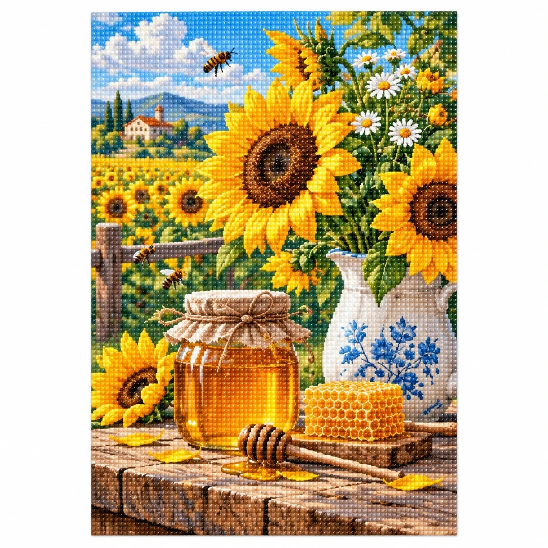 Sunflower Honey Jar Diamond Painting Kit finished diamond artwork on white background