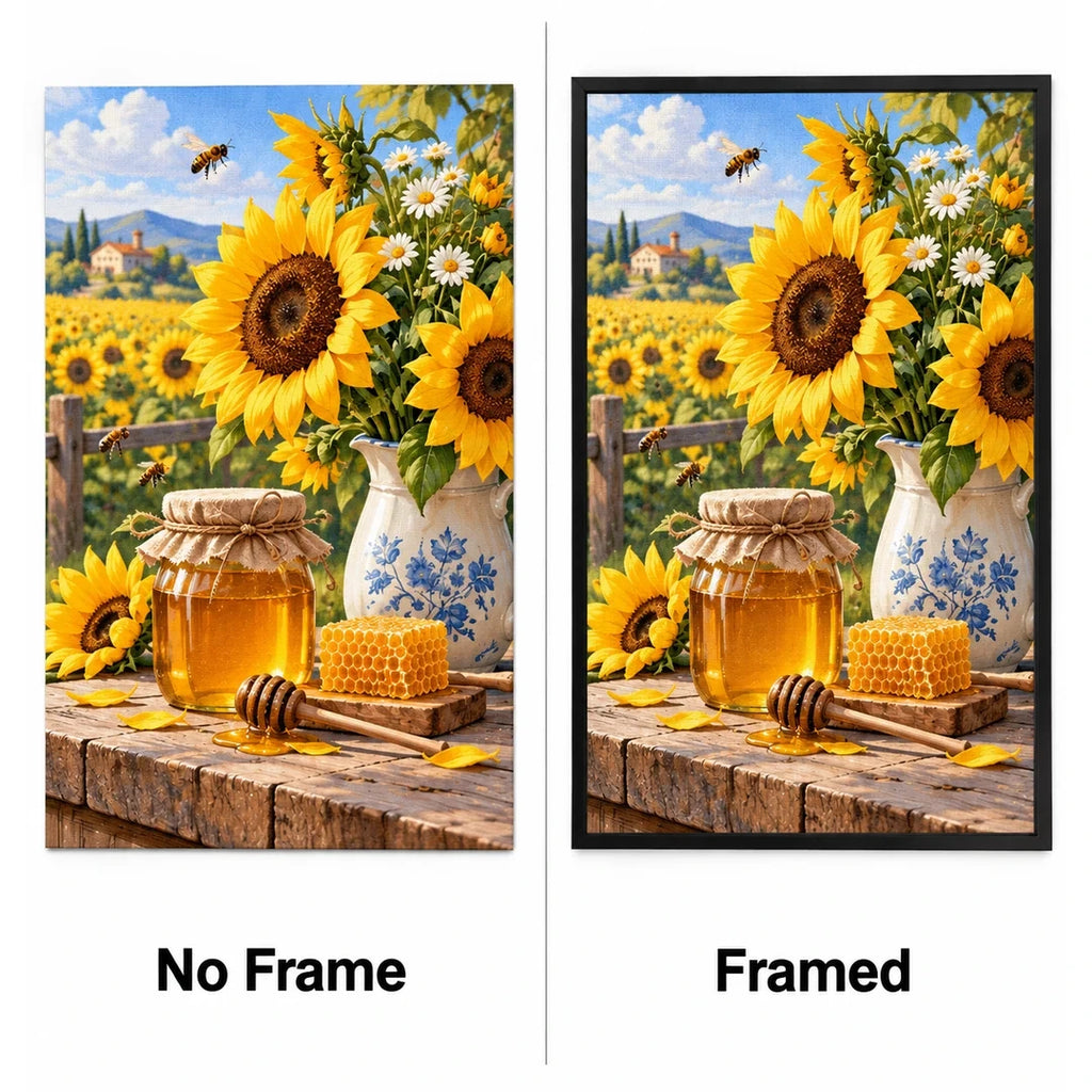 Sunflower Honey Jar Diamond Painting Kit No Frame and Framed comparison