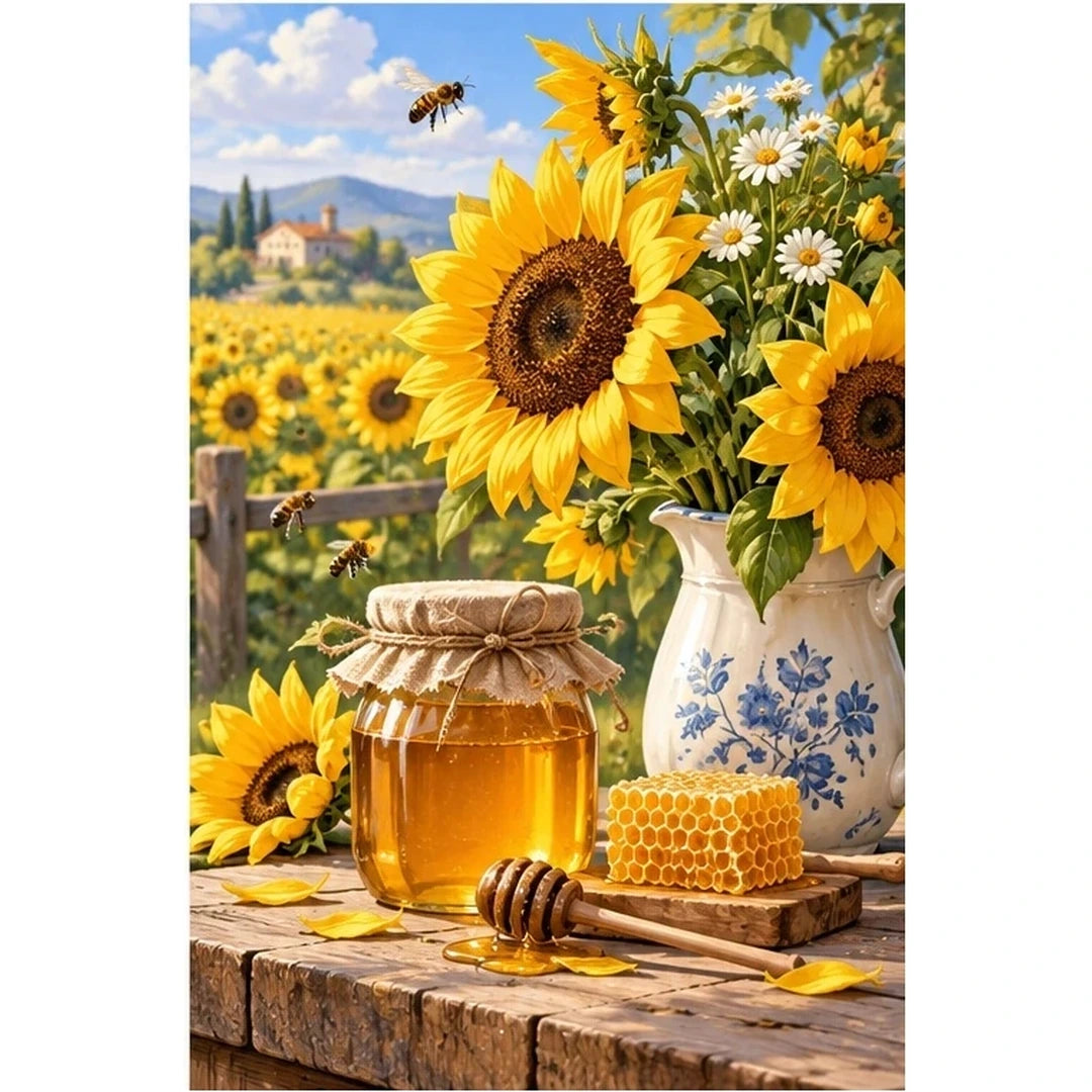 Sunflower Honey Jar original artwork on white background