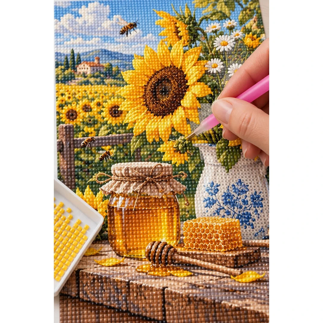 Sunflower Honey Jar Diamond Painting Kit diamond placement process