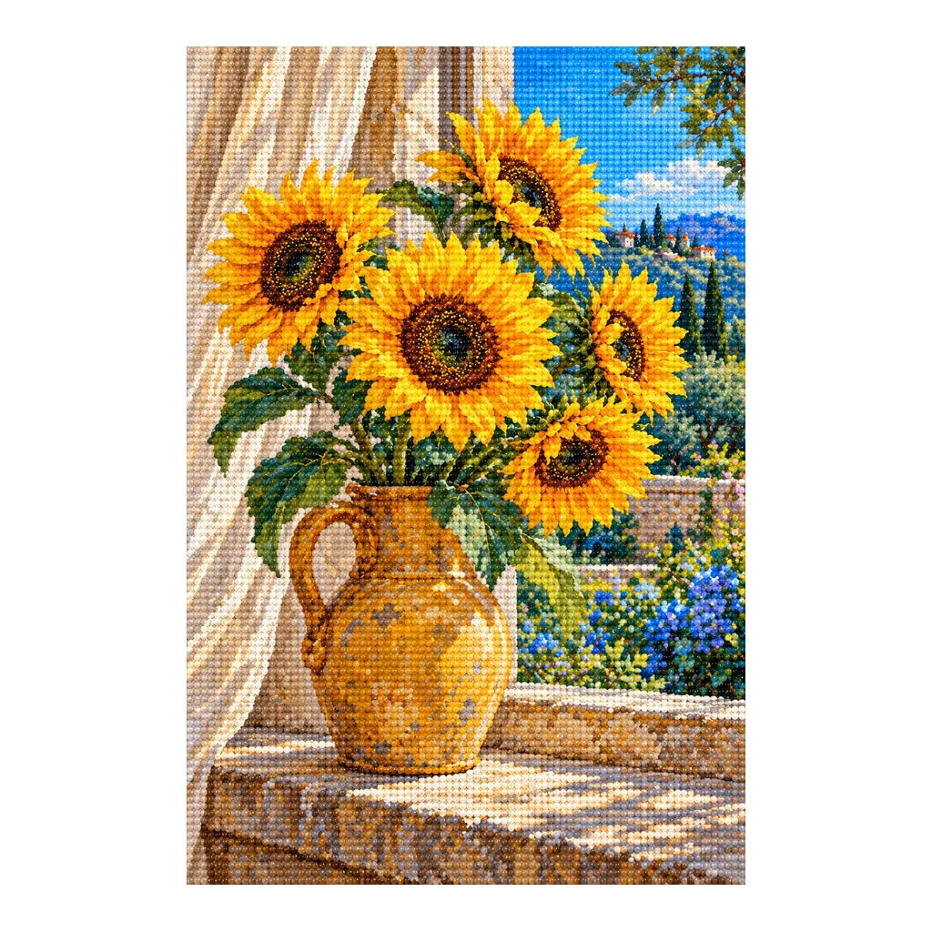 Golden sunflowers in an ochre vase beside a blue window: finished diamond painting on a white background