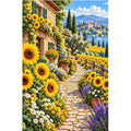 Sunflower Path Stone Farmhouse — original artwork on a clean white background