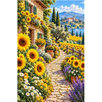 Sunflower Path Stone Farmhouse — original artwork on a clean white background