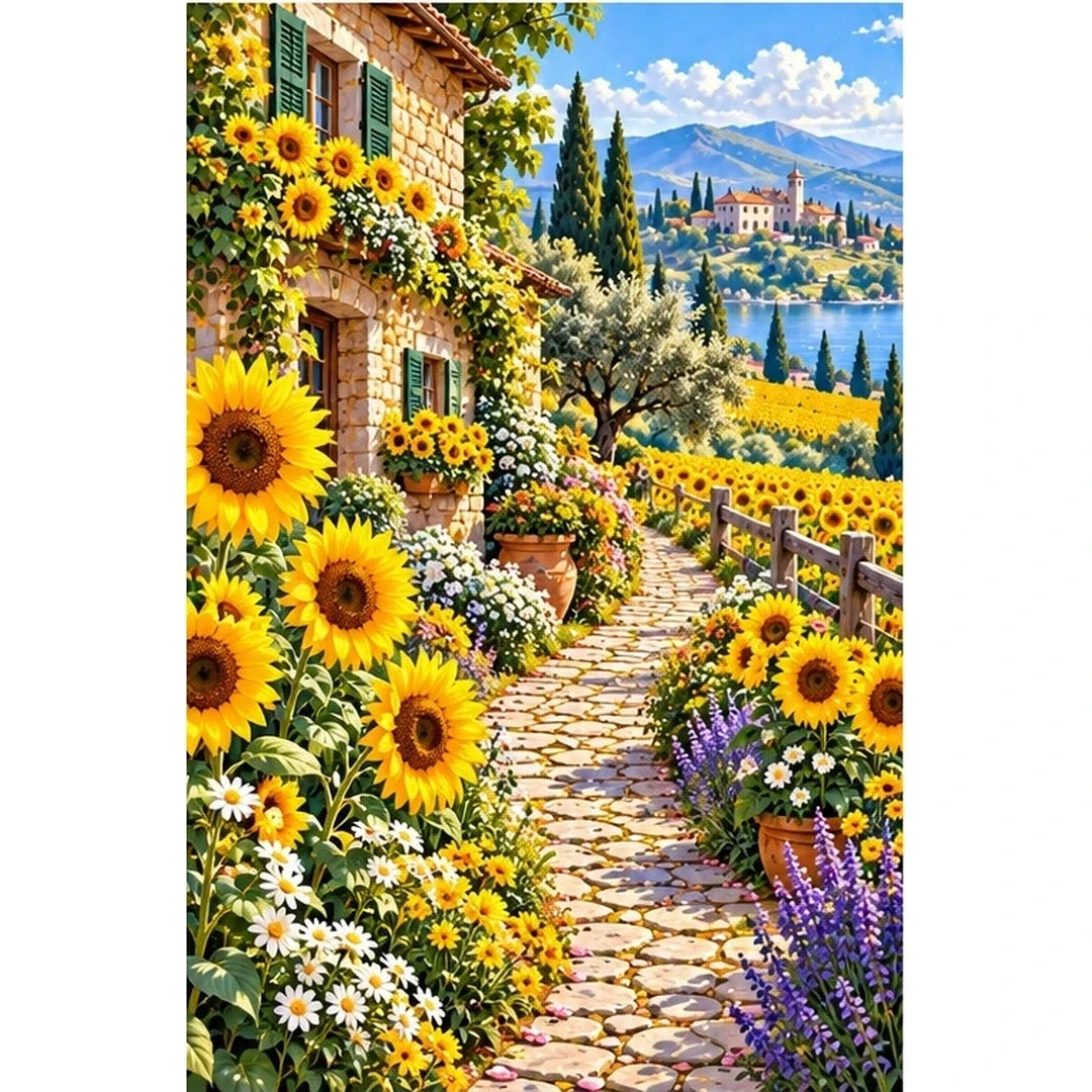 Sunflower Path Stone Farmhouse — original artwork on a clean white background