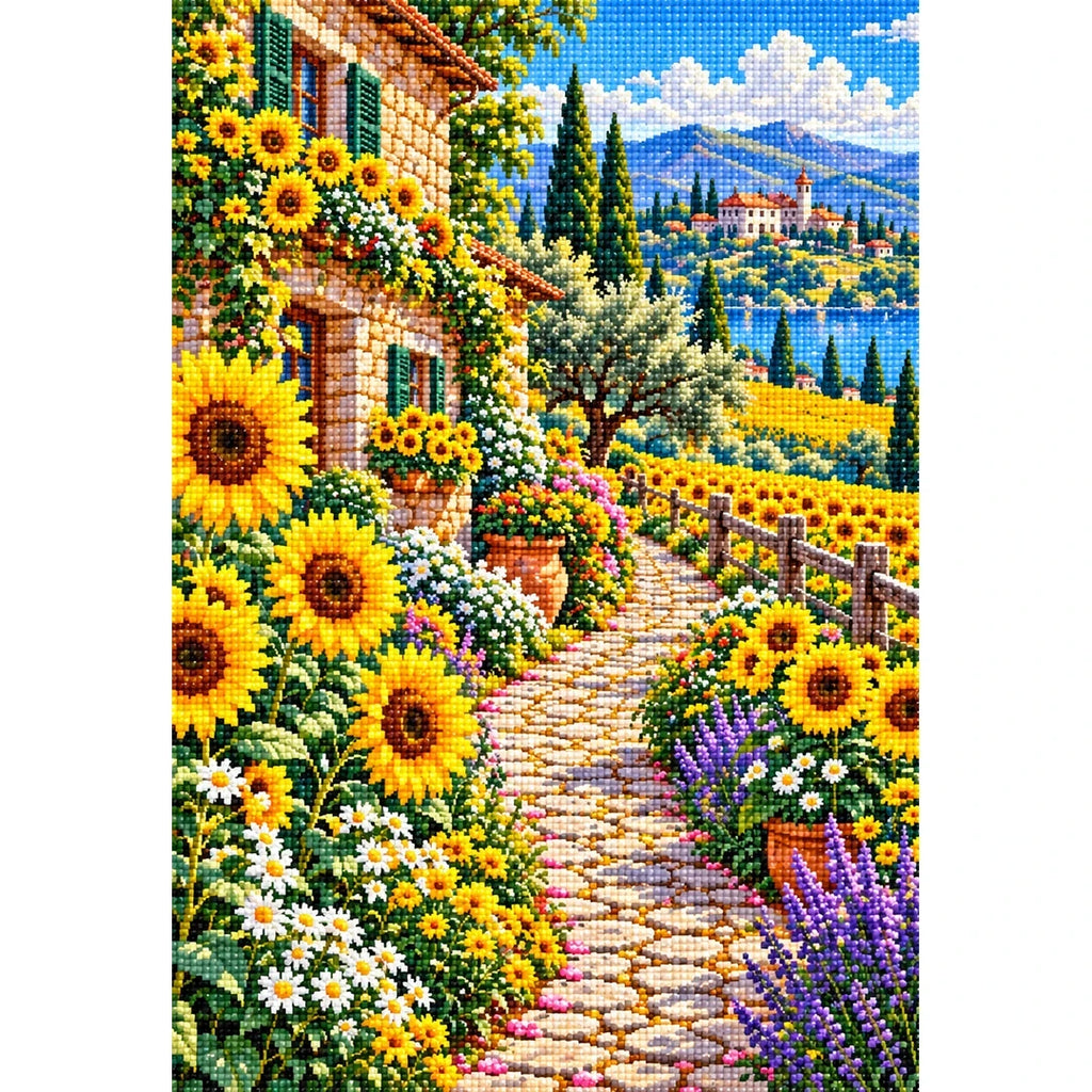 Sunflower Path Stone Farmhouse — finished diamond painting on a white background