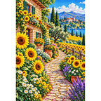 Sunflower Path Stone Farmhouse — finished diamond painting on a white background