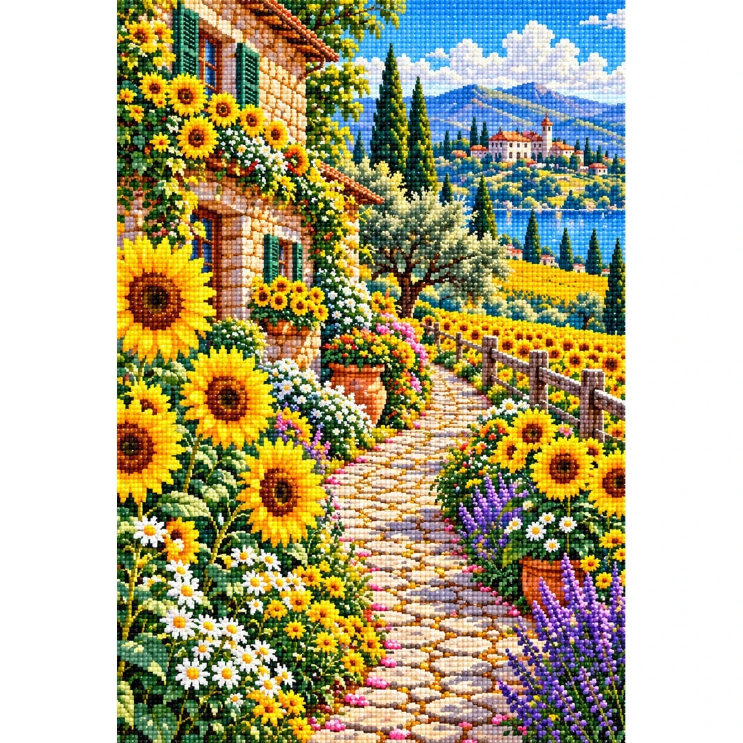 Sunflower Path Stone Farmhouse — finished diamond painting on a white background