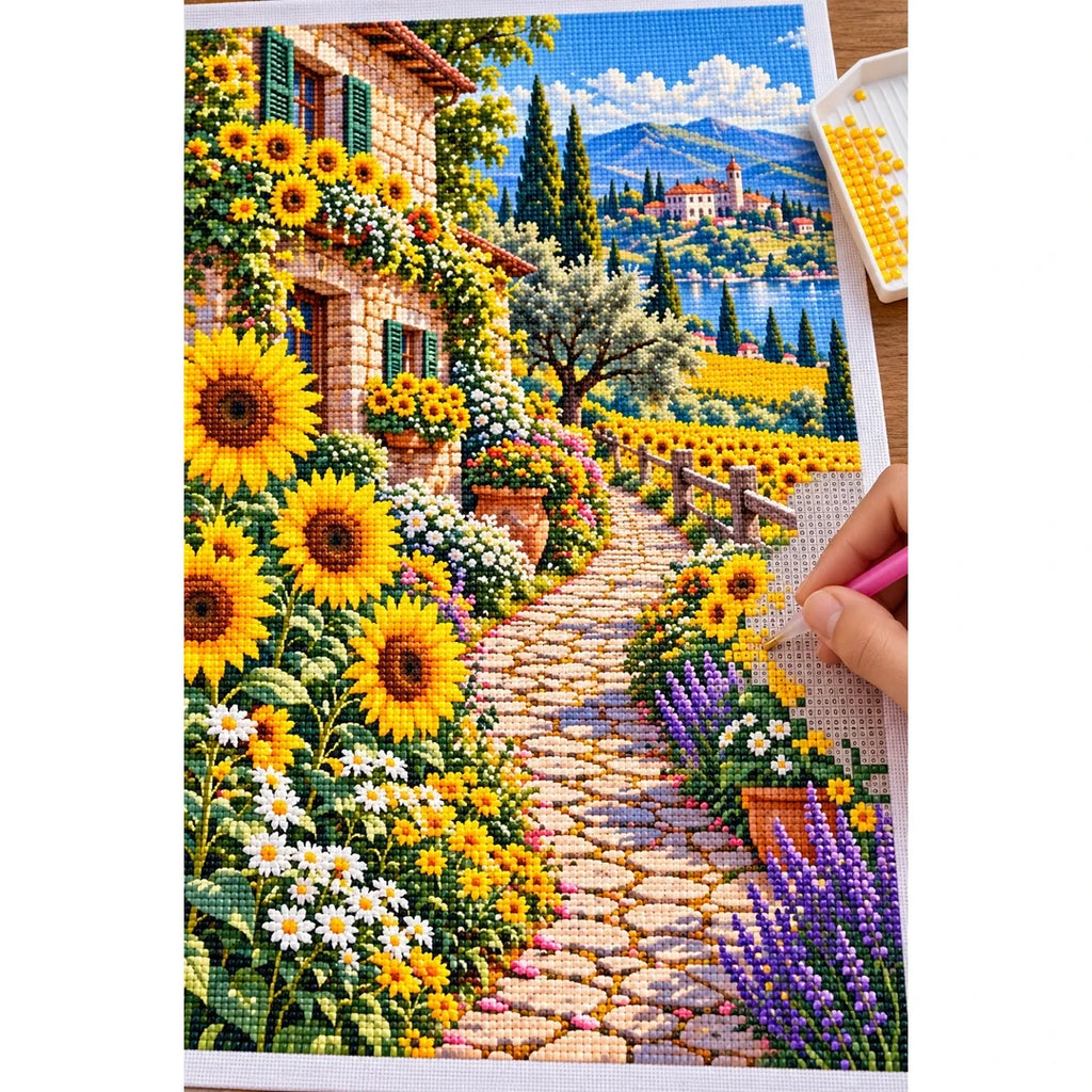Sunflower Path Stone Farmhouse — diamond painting process with applicator pen