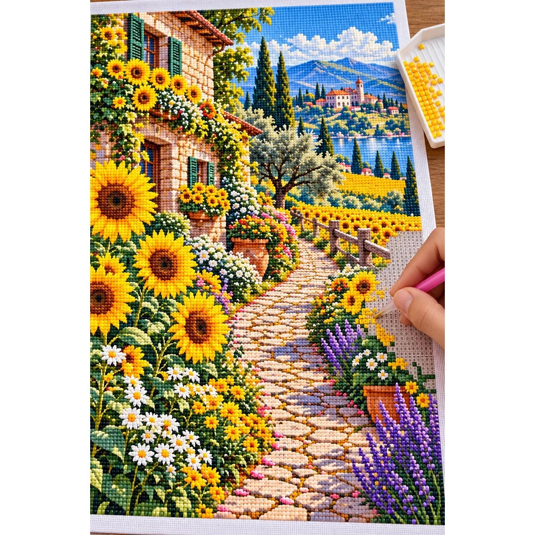 Sunflower Path Stone Farmhouse — diamond painting process with applicator pen