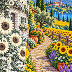 Sunflower Path Stone Farmhouse — close-up canvas and resin drill detail