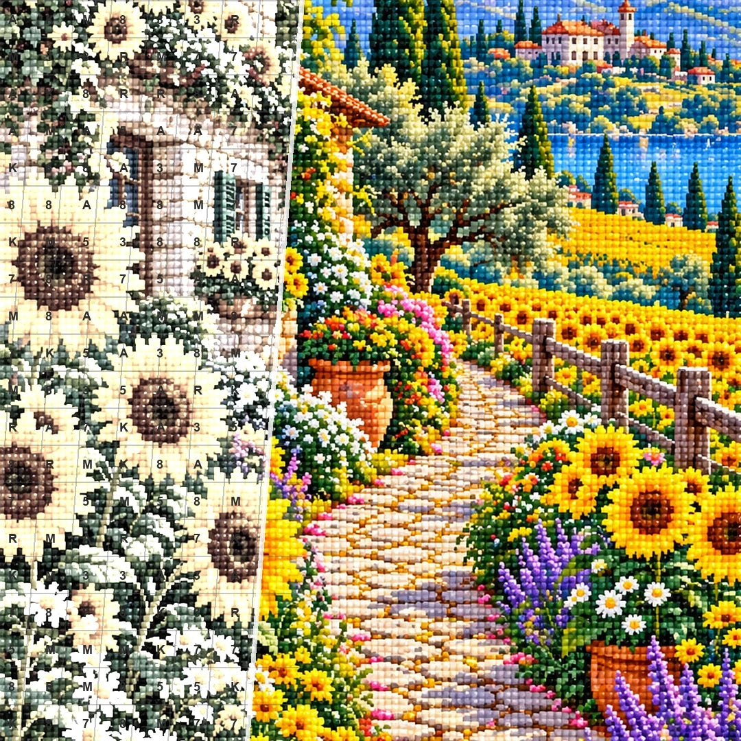 Sunflower Path Stone Farmhouse — close-up canvas and resin drill detail