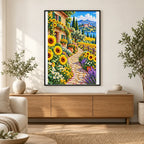 Sunflower Path Stone Farmhouse — finished diamond painting displayed in a home interior