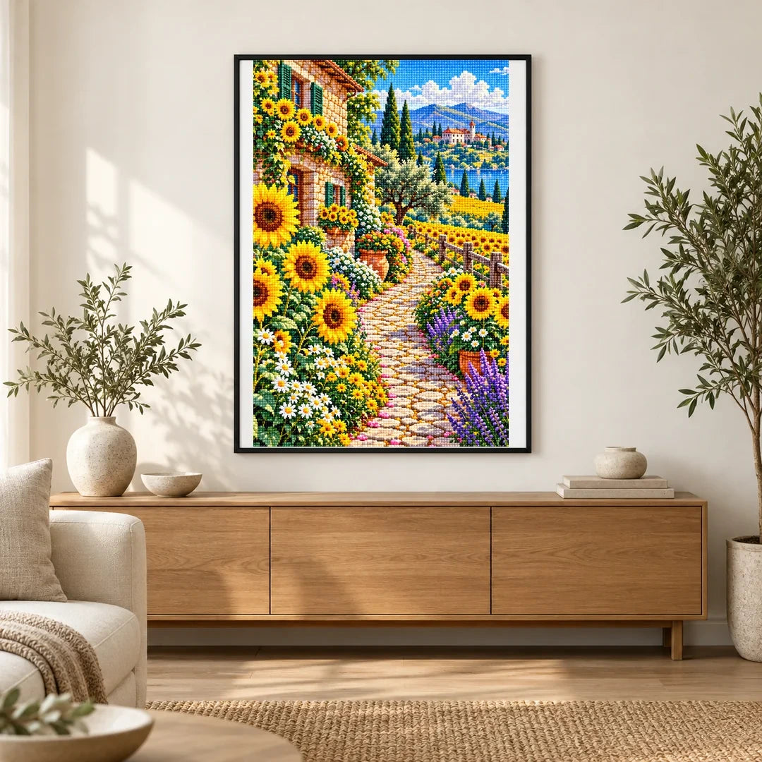 Sunflower Path Stone Farmhouse — finished diamond painting displayed in a home interior