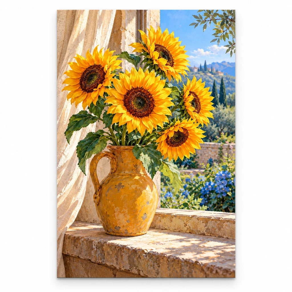 Golden sunflowers in an ochre vase beside a blue window: original artwork on a white background