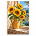 Golden sunflowers in an ochre vase beside a blue window: original artwork on a white background