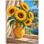 Golden sunflowers in an ochre vase beside a blue window: finished diamond painting on a white background