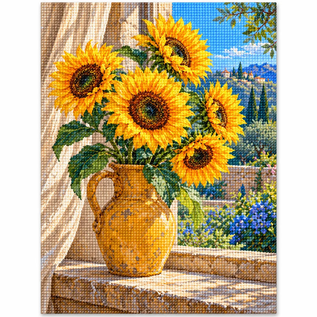 Golden sunflowers in an ochre vase beside a blue window: finished diamond painting on a white background