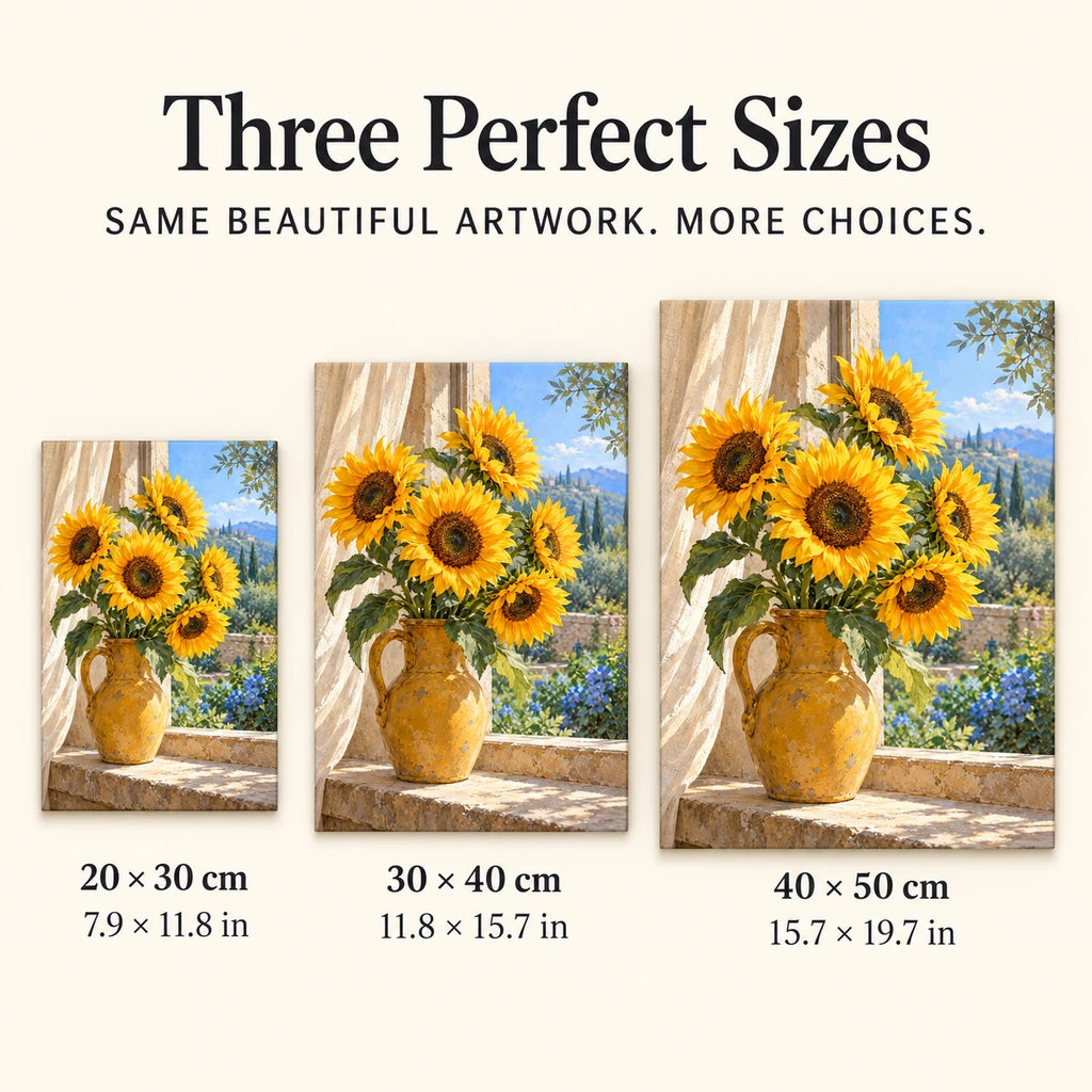 Golden sunflowers in an ochre vase beside a blue window: size guide showing three available dimensions