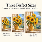 Golden sunflowers in an ochre vase beside a blue window: size guide showing three available dimensions