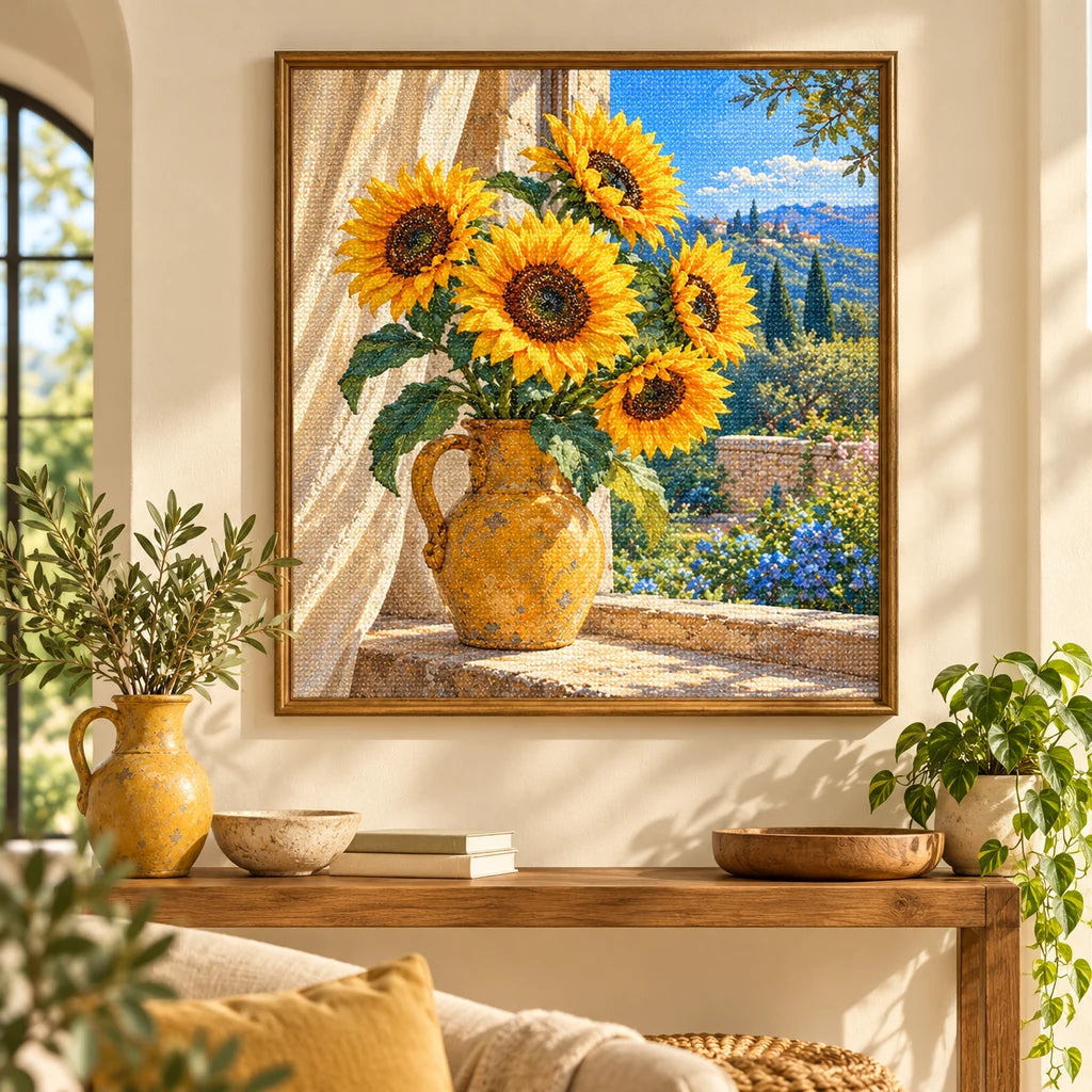 Golden sunflowers in an ochre vase beside a blue window: diamond painting displayed as home wall decor