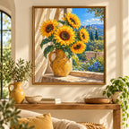 Golden sunflowers in an ochre vase beside a blue window: diamond painting displayed as home wall decor