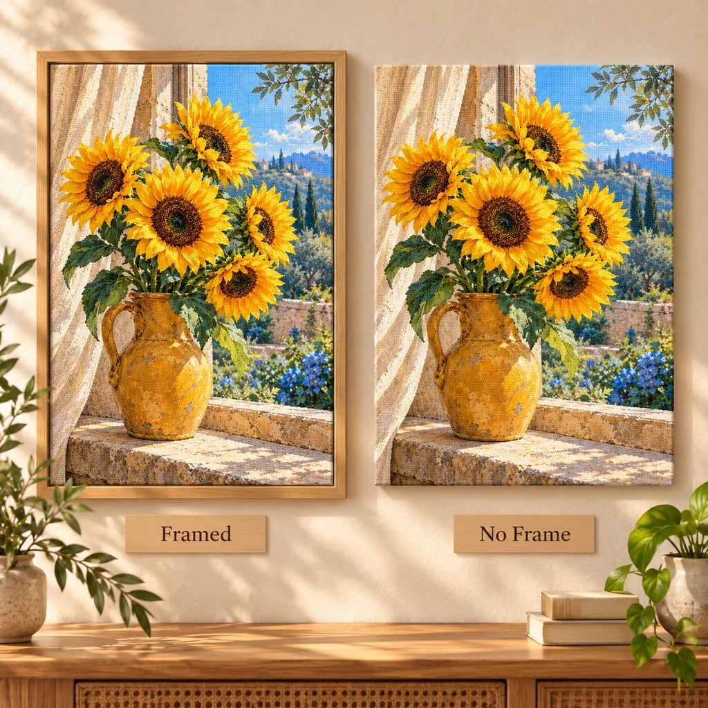 Golden sunflowers in an ochre vase beside a blue window: framed and no-frame style comparison