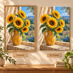 Golden sunflowers in an ochre vase beside a blue window: framed and no-frame style comparison
