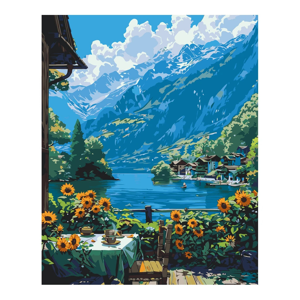 Original artwork for Sunflowers by Mountain Lake Diamond Painting Kit, showing golden sunflowers beside a blue mountain lake and distant village.