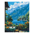 Original artwork for Sunflowers by Mountain Lake Diamond Painting Kit, showing golden sunflowers beside a blue mountain lake and distant village.