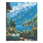 Finished diamond painting of golden sunflowers beside a blue mountain lake and distant village.
