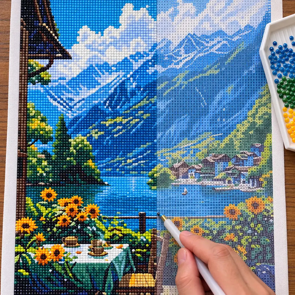 Diamond painting process for Sunflowers by Mountain Lake, showing drills being placed over golden sunflowers beside a blue mountain lake and distant village.