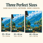 Size guide for Sunflowers by Mountain Lake: 20 × 30 cm, 30 × 40 cm, and 40 × 50 cm.