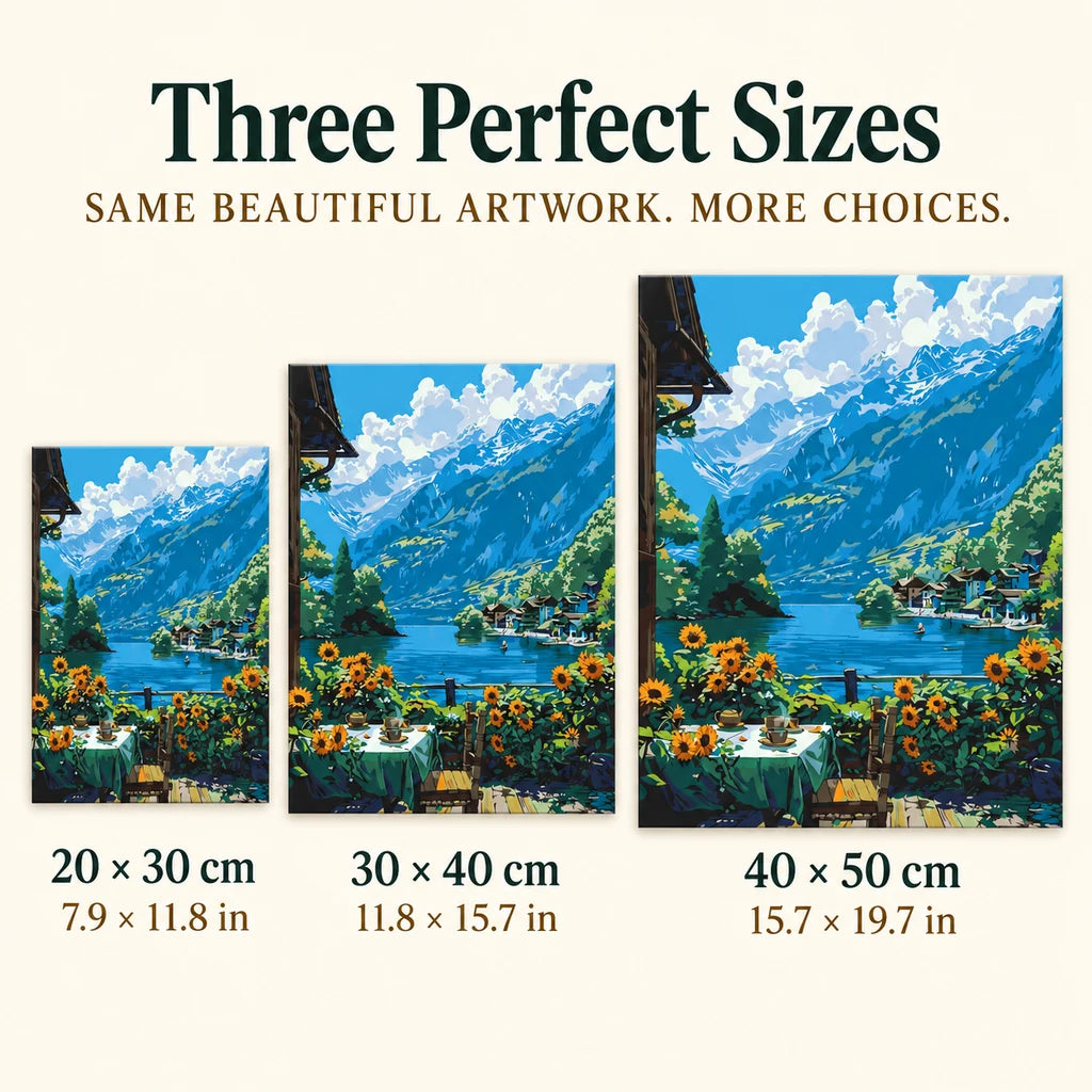 Size guide for Sunflowers by Mountain Lake: 20 × 30 cm, 30 × 40 cm, and 40 × 50 cm.