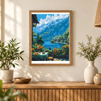 Home decor scene showing Sunflowers by Mountain Lake artwork displayed on a wall.