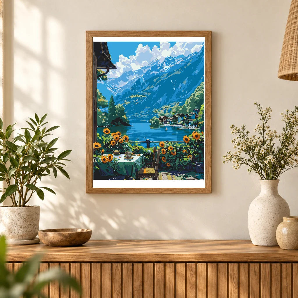 Home decor scene showing Sunflowers by Mountain Lake artwork displayed on a wall.