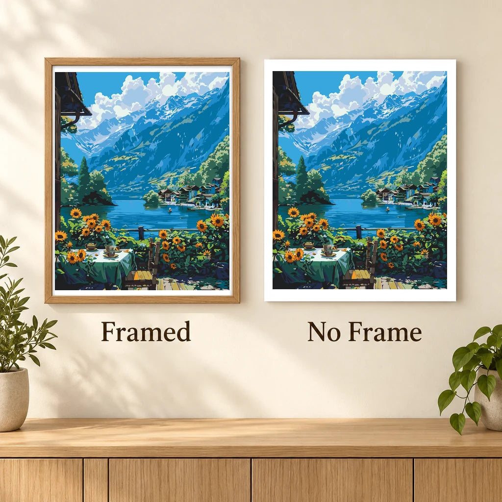 Framed and no-frame comparison for Sunflowers by Mountain Lake artwork.