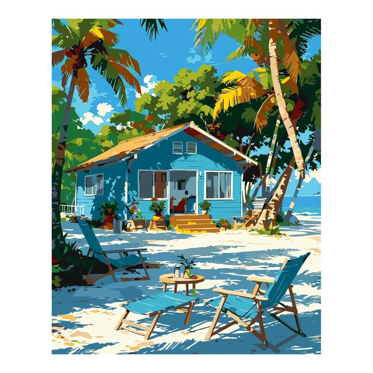 Original landscape artwork for Sunlit Beachside Haven Diamond Painting Kit