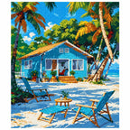 Finished diamond painting of Sunlit Beachside Haven with sparkling drills