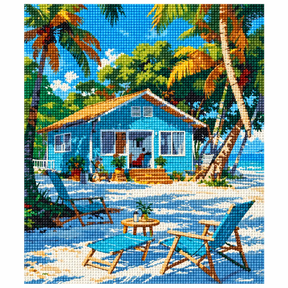Finished diamond painting of Sunlit Beachside Haven with sparkling drills