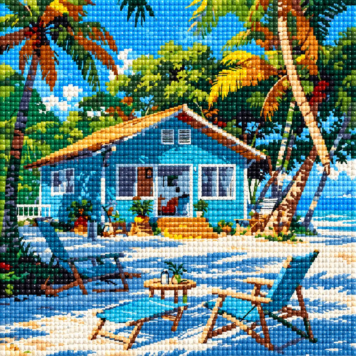 Close-up drill detail of the Sunlit Beachside Haven diamond painting