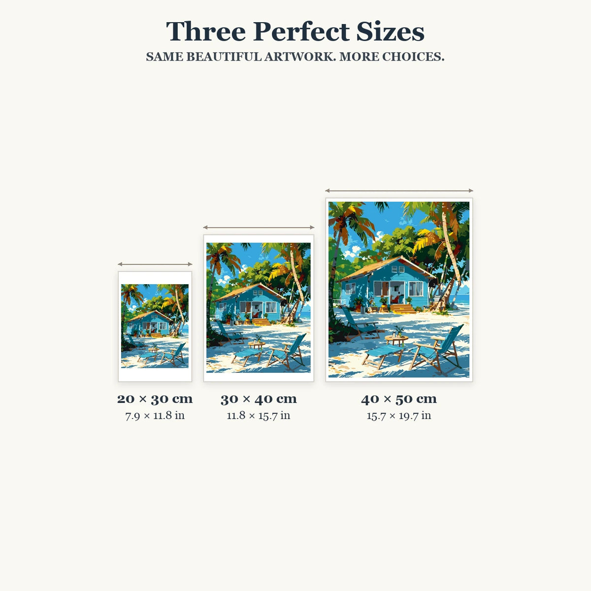 20 × 30, 30 × 40 and 40 × 50 cm size guide for Sunlit Beachside Haven