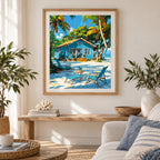 Sunlit Beachside Haven diamond painting displayed as home decor