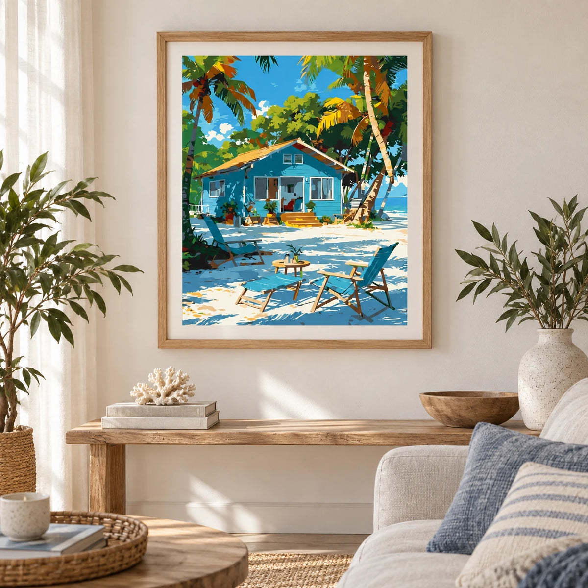 Sunlit Beachside Haven diamond painting displayed as home decor